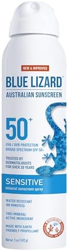 BLUE LIZARD Mineral Sunscreen Sensitive SPF 50+ Spray, 5 Ounce Blue Lizard