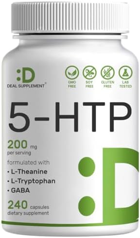 5-HTP 200mg Per Serving (Порция), 240 Capsules (Капсулы), 98% African Derived Griffonia Seed Extract | 4 in 1 Formula | Plus Active L Theanine, L Tryptophan, & GABA | Relaxation Support Supplement DEAL SUPPLEMENT