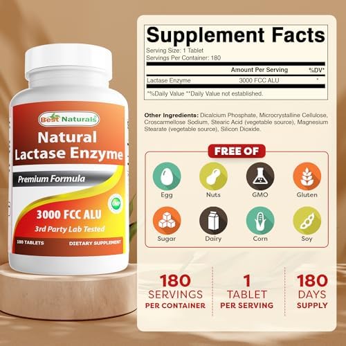 Best Naturals Fast Acting Lactase Enzyme Tablet, 3000 Fcc Alu, 180 Count (859375002900) Best Naturals