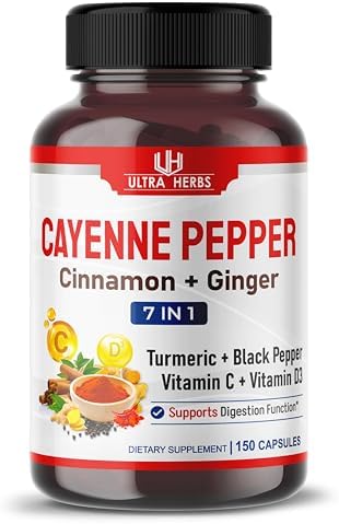 Cayenne Pepper 7 IN 1 - 16,250mg - with Ginger, Turmeric, Cinnamon, Black Pepper - Promotes Digestive System Function (150-day supply (pack of 1)) ULTRA HERBS