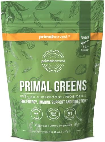 Primal Harvest Super Greens Powder (Порошок), 30 Servings (Порции) w/+50 Greens Superfood Chlorella, Probiotics, Green Tea, Wheatgrass, Kale, Turmeric for Energy,Primal Greens Primal Harvest