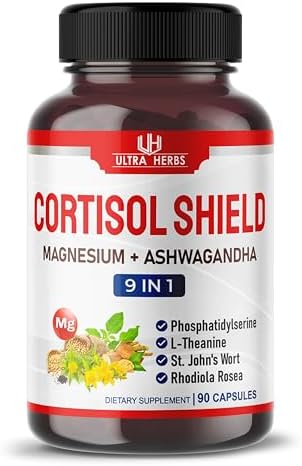 CORTISOL SHIELD 9 in 1-15,250mg Magnesium + Ashwagandha with Phosphatidylserine, L-Theanine, St. John's Wort, Rhodiola Rosea - Relaxation Support, Hormone Balance- USA made (90 count (pack of 1)) ULTRA HERBS