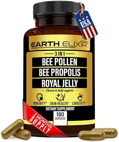 3-in-1 Bee Pollen Organic 840mg (180 Caps) W/ 840mg Bee Propolis Capsule & 840mg Royal Jelly Capsule - 3rd Party Tested - Bee Pollen Supplement - Organic Bee Pollen Capsule -No Fillers Earth Elixir