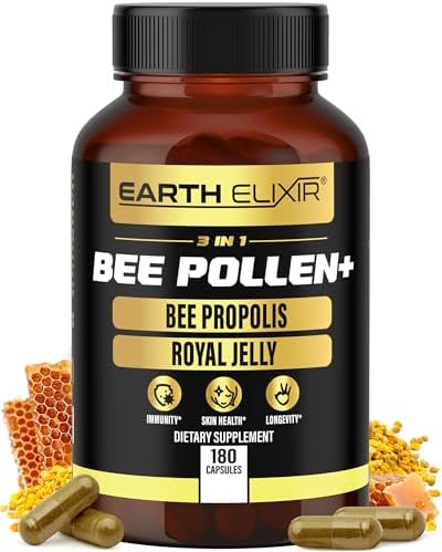 3-in-1 Bee Pollen Organic 840mg (180 Caps) W/ 840mg Bee Propolis Capsule & 840mg Royal Jelly Capsule - 3rd Party Tested - Bee Pollen Supplement - Organic Bee Pollen Capsule -No Fillers Earth Elixir