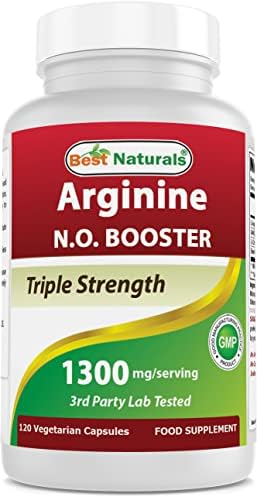 Best Naturals L-Arginine NO Booster Triple Strength 1300 mg Serving 120 Veg Capsules (120 Count (Pack of 1)) Best Naturals