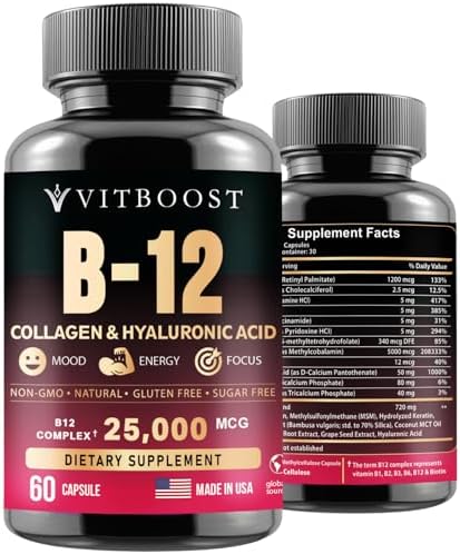 B12 with Hyaluronic Acid, Collagen and Folate – 25000 mcg B12 Methylcobalamin Supplement | Maximize Absorption & Energy | Gluten Free USA Made, B1, B2, B3, B6, B7 Complex - 60 Capsules (Капсулы) VITBOOST