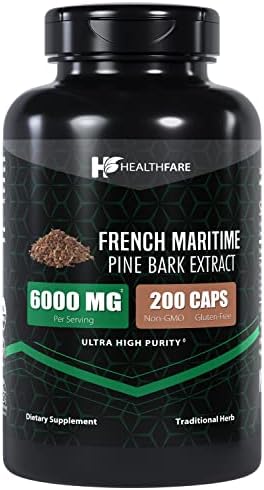 French Maritime Pine Bark Extract Organic | 6000 mg | 200 Capsules (Капсулы) | Standardized to Contain 95% Proanthocyanidins | Non-GMO Gluten Free | Ultra High Purity Max Potency Extract Formula Healthfare