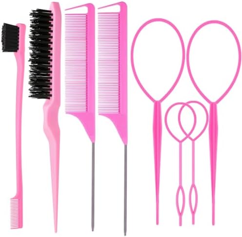 8Pcs Hair Brushes Set with 4Pcs Topsy Hair Tail Tools 1Pcs Bristle Teasing Hair Brush 1Pcs Edge Control Brush 2Pcs Metal Pin Rat Tail Combs for Woman Girl Hair Styling,Edge&Back Brushing Pink ZVOREI