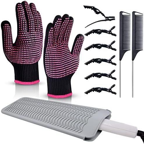 MORGLES Heat Gloves for Hair Styling, 2Pcs Professional Heat Resistant Gloves Silicone Heat Mat 6pcs Hair Clips and 2pcs Styling Comb for Curling Iron Wands Flat Iron MORGLES