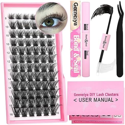 14-24mm Fluffy Lash Extension Kit Long Cluster Lashes Volume D Curl Eyelash Extension Kit Wispy Individual Lashes with Waterproof Lash Bond and Seal Glue, Lash Tweezers for Beginners (100D, 280Pcs) Geeneiya