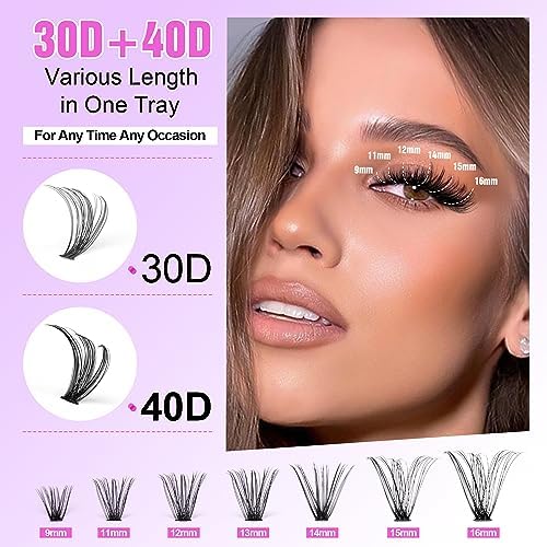 Pawotence Lash Extension Kit Lash Clusters Multi-types Individual Lashes Natural Bottom, Light Volume, 20D 30D Clusters Eyelash Extension Kit with Lash Bond and Seal, Lash Applicator for Self Use Pawotence