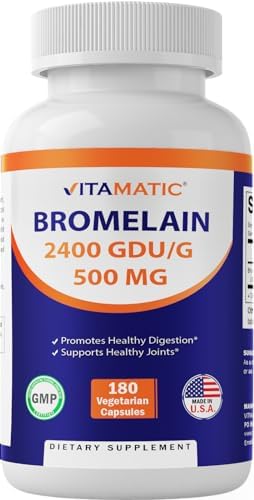 Vitamatic Bromelain Supplement 500mg, 2400 GDU/g, Proteolytic Enzymes, Supports Digestion of Proteins, 180 Count Vitamatic