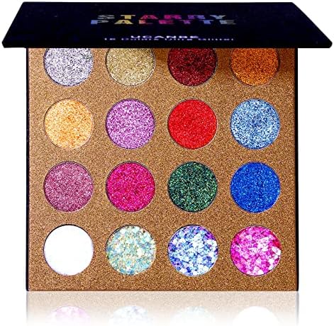 UCANBE Pro Glitter Eyeshadow Palette - Professional 16 Colors - Chunky & Fine Pressed Glitter Eye Shadow Powder Makeup Pallet Highly Pigmented Ultra Shimmer for Face Body UCANBE