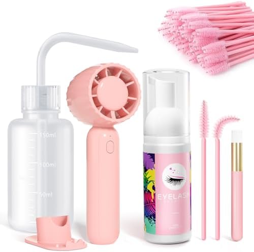 Buqikma Lash Cleaning Kit - 60ML Gentle Lash Shampoo Black Handheld Lash Fan Mascara Brush Rinse Bottle Rich Foam Eyelash Extension Cleanser Lash Shampoo Kit for Home Lash Extension or Salon Buqikma