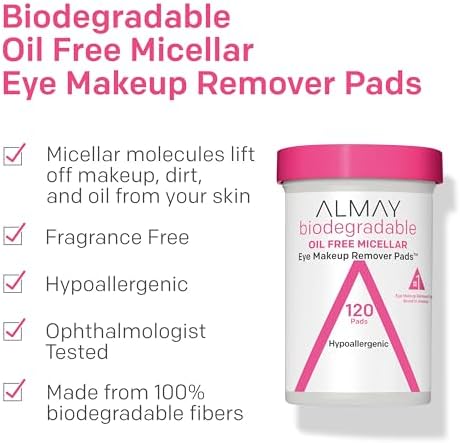 Almay Biodegradable Makeup Remover Pads, Micellar Gentle, Hypoallergenic, Fragrance-Free, Dermatologist & Ophthalmologist Tested, 120 count (Pack of 1) Almay