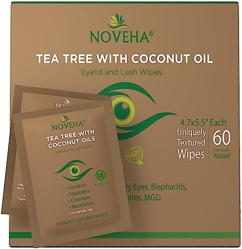 NOVEHA Tea Tree & Coconut Oil Eyelid & Lash Wipes | For Demodex, Blepharitis & Itchy Eyes, Box Of 60 Individually Wrapped Eyelash Wipes With Aloe Vera, Natural Makeup Remover & Daily Eye Cleanser NOVEHA