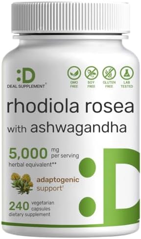 DEAL SUPPLEMENT Rhodiola Rosea with Ashwagandha 5,000mg Per Serving (Порция), 240 Veggie Capsules (Капсулы на растительной основе) – Max Strength 10:1 Root Extract – Adaptogenic Supplements for Relaxation, Energy, & Brain Health – Non-GMO DEAL SUPPLEMENT