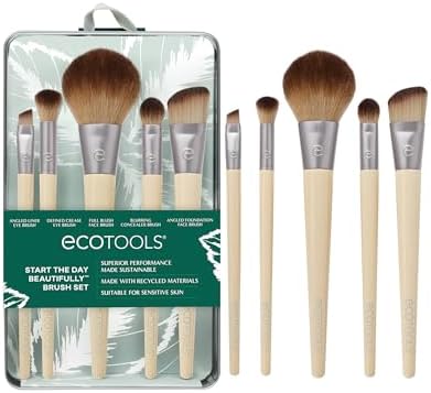 EcoTools Core Five Makeup Brush and Sponge Kit, For Eyeshadow, Blush, Bronzer, Eyeliner, & Foundation, Makeup Blending Sponge For Liquid (Жидкость) & Cream (Крем) Products, Essential Eco Friendly Brushes, 5 Piece Set EcoTools