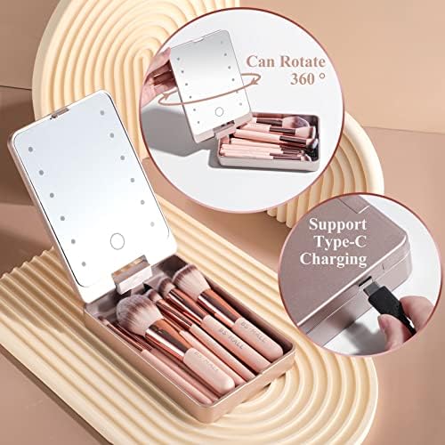 BS-MALL Travel Makeup Brush Set Foundation Powder (Порошок) Concealers Eye Shadows Makeup Set with LED light Mirror 14 Pcs Mini Makeup Brushes (APINK) BS-MALL