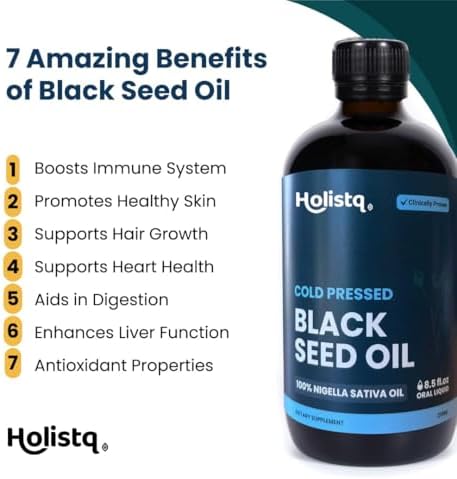 Black Seed Oil Liquid Drops 3% Thymoquinone 100mL | High Potency Black Seed Oil Cold Pressed Black Cumin Nigella Sativa for Immune Support, Heart Health, Skin & Hair | Non-GMO Vegan Omega 369 Holistq