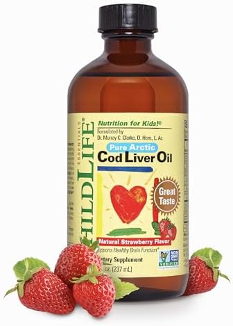 CHILDLIFE Essentials Cod Liver Oil for Kids - Kids Cod Liver Oil Liquid (Жидкость), Arctic Cod Liver Oil for Babies 6+ Months, Toddlers, & Kids, Added DHA, EPA, Omega-3 Fatty Acids - Strawberry, 8 fl oz (Жидкие унции) ChildLife Essentials