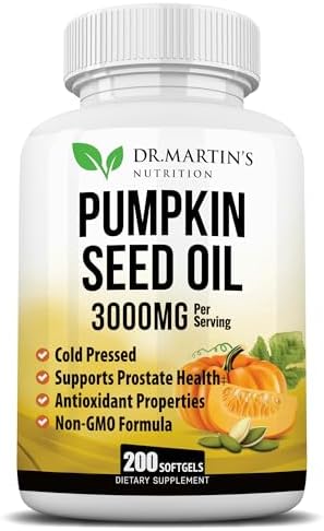 3000mg Cold Pressed Pumpkin Seed Oil | DHT Blocker | Promotes Hair Growth | Supports Heart, Skin, Prostate & Urinary Health | Contains Vitamins, Minerals & Omega 3, 6 & 9 For Anti-Aging | 200 Softgels (Мягкие капсулы) DR. MARTIN'S NUTRITION