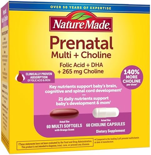 Nature Made Prenatal Vitamin Softgels (Мягкие капсулы) + Choline Capsules (Капсулы), Folic Acid + DHA + Choline, 60 Prenatal Vitamins for Women, 60 Choline Supplements Capsules, 60 Day Supply Nature Made