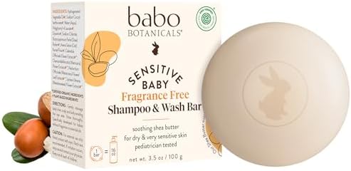 Babo Botanicals Sensitive Baby Fragrance-Free 2-in-1 Shampoo & Wash Bar - Shea Butter, Calendula & Aloe Vera - EWG Verified - Cruelty-Free - Vegan - Pediatrician Tested - For Babies & Kids Babo Botanicals