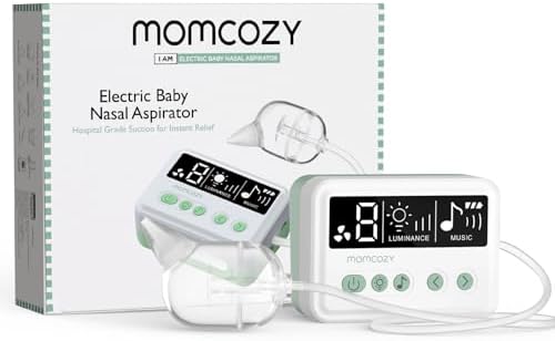 Momcozy Nasal Aspirator for Baby, [Hospital Grade] 75kPa Electric Nose Aspirator for Toddler, Baby Nose Sucker with 9 Suction Levels, Automatic Nose Cleaner with 3 Silicone Tips, 9 Music and 3 Lights Momcozy