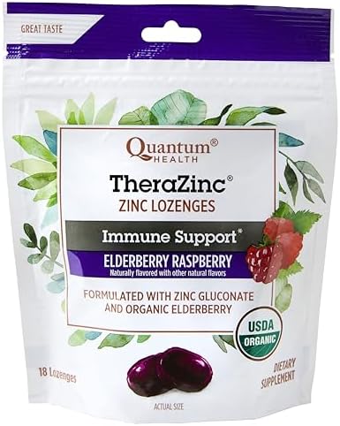 Quantum Health TheraZinc Organic Zinc Lozenges (Пастилки) Elderberry Sambucus Raspberry & Honey Immune Support for Adults & Kids 12+ Naturally Flavored Fast Relief with No Aftertaste -18 Count (Package may vary) Quantum Health