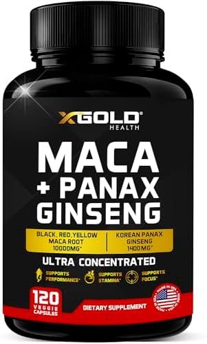 Maca Root Capsules 10,000mg + Korean Panax Ginseng 1,400mg - 20x Concentrated Extract Black + Red + Yellow Maca Root, 10x Concentrated Extract Panax Ginseng Capsules - Ultra Potent & Highly Purified X Gold Health