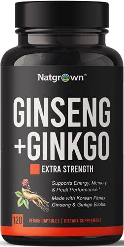 Natgrown Panax Ginseng and Ginkgo Biloba Complex Capsules (Капсулы) with Korean Red Ginseng & Ginko Leaf Extract Supplement for Men & Women - Supports Memory Focus & Brain Function - Vegan Pills - 120 Count Natgrown