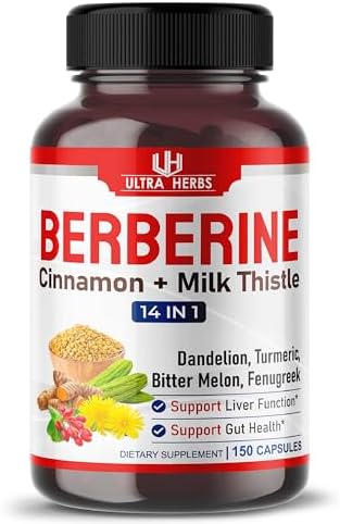 Premium Berberine 12,200MG with Cinnamon, Milk Thistle *USA Made & Test* Promotes Liver Function, Gut Health, Immunity (150 Count (Pack of 1)) ULTRA HERBS