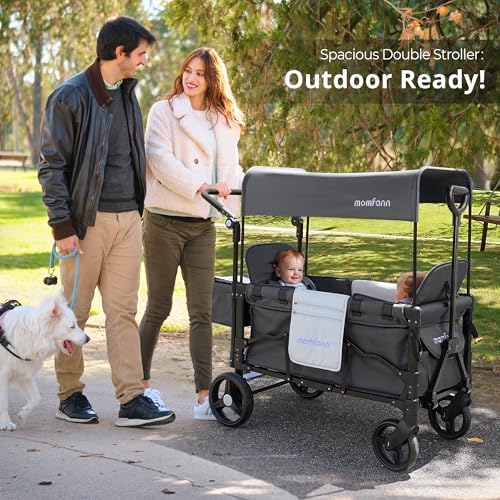 Stroller Wagon for 2 Kids, Baby Wagon Stroller with Adjustable Handle for Infants and Toddlers Includes Canopy & Organizer, Foldable and Convenient for Storage, Gray MOMFANN