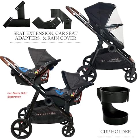 Venice Child Maverick Travel System Single to Double Stroller for Twins with Newborn Bassinet Pram and Toddler Seat (Package 2, Twilight Gray) Venice Child