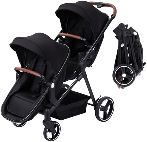 Double Stroller for Infants and Toddlers, Foldable Tandem Stroller, Reversible Pushchair Bassinet Pram with Large Storage Basket, Adjustable Backrest & Canopy, Black GarveeLife