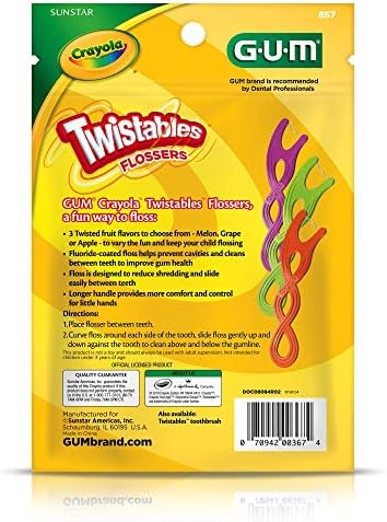 GUM Crayola Twistables Kids Flossers with Fluoride - Designed for Little Hands - Three Fun Fruit Flavors - Easy to Use Kids Floss Picks for Children Ages 3+, 75 ct GUM