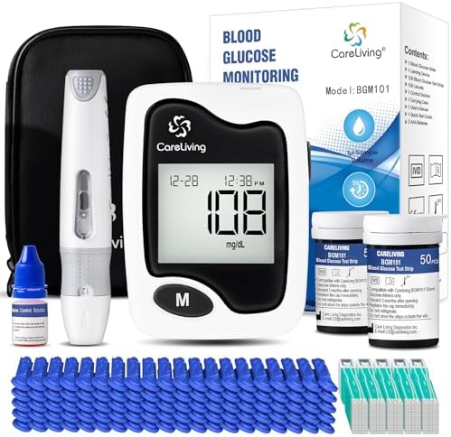 BGM101 Blood Glucose Monitor Kit with 100 Test Strips, 100 Lancets, 1 Blood Glucose Meter, 1 Lancing Device, Diabetes Testing Kit, Portable Blood Sugar Test Kit, Black CARELIVING