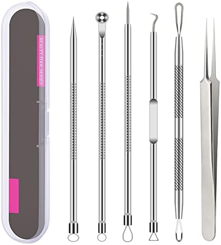 Pimple Popper Tool Kit, 6 Pcs Blackhead Remover Acne Needle Tools Set Removing Treatment Comedone Whitehead Popping Zit for Nose Face Skin Blemish Extractor Tool - Silver Blaaroom