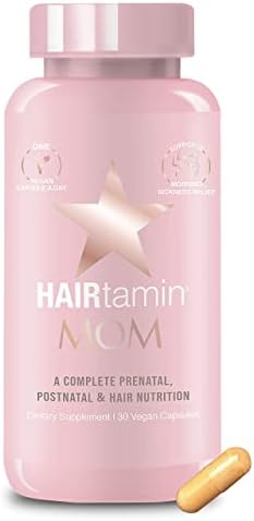 HAIRtamin MOM Vegan Prenatal & Postnatal Multivitamin Supplement & Hair Vitamin Pregnancy, Postpartum, Breastfeeding Probiotic One-a-Day Hair Vitamins with Biotin, Zinc, Iron (30 Counts) HAIRtamin