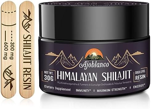 Ajoblanco 600mg Shilajit Pure Himalayan Organic Shilajit Resin - Himalayan Shilajit Resin with Organic Ayurvedic Blend in High Potency for Energy, Strength & Immunity, 30 Grams Ajoblanco