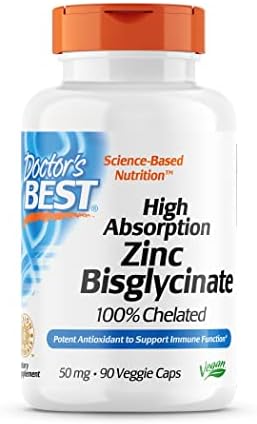 Doctor's Best High Absorption Zinc Bisglycinate 50mg High Potency Supporting Enhancing Immune System Antioxidant VC, 90 Count Doctor's Best