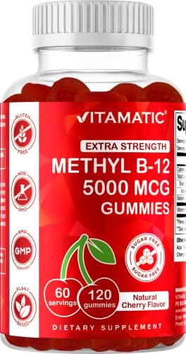 Vitamatic Extra Strength Vitamin B12 5000 mcg (Methyl B12) Gummies (Жевательные конфеты) - 120 Count - Energy Metabolism Support and Nervous System Health Support, Natural Cherry Flavored (1) Vitamatic