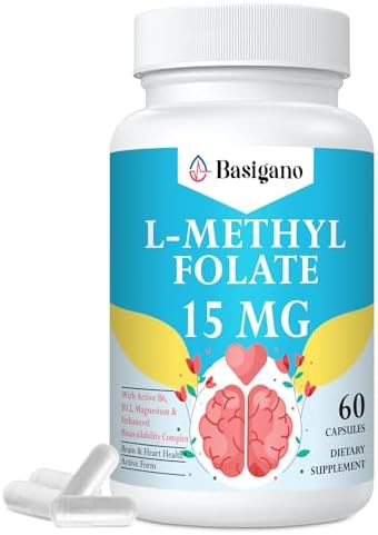 L Methylfolate 15mg (5-MTHF) - Active Folic Acid with B6 and B12 - Vegan, Gluten-Free, Dairy-Free (1 Pack) Basigano