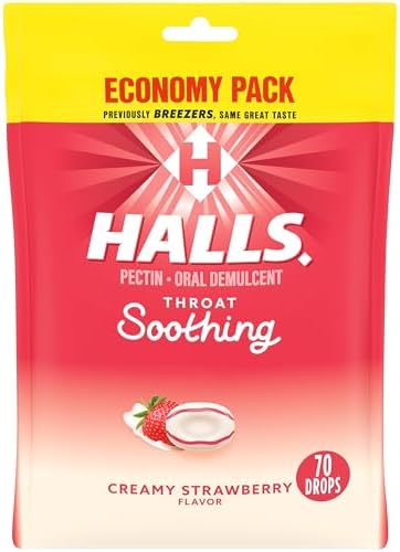 HALLS Throat Soothing (Formerly HALLS Breezers) Creamy Strawberry Throat Drops (Капли), Economy Pack, 70 Drops Halls