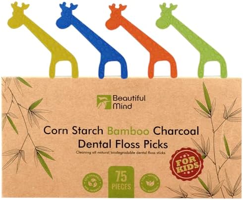 Organic Dental Floss Picks for Kids - Natural Biodegradable Floss Sticks with Strong Bamboo Charcoal Thread & Vegan Corn Starch Handle - No Plastics & No Artificial Flavours Beautiful Mind