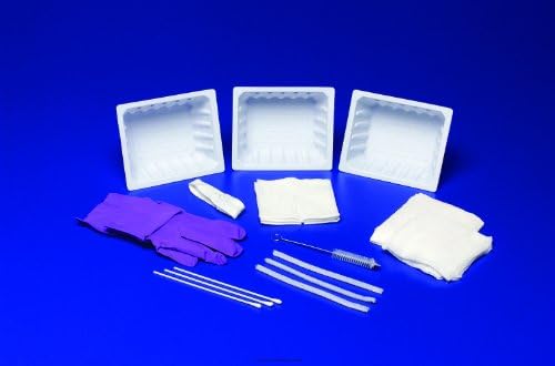 Tracheostomy Care Trays-Description: Trach Care Tray Includes: (2) SAFESKIN PURPLE NITRILE gloves, CSR wrap, (3) solution basins, 6" trach brush, drape, (4) 4x4 gauze sponges, (3) pipe cleaners, (3) 4x4 nonwoven trach dressings, 30" twill tape, and (3) 6" COVIDIEN