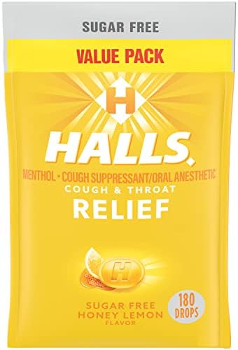 HALLS Relief Honey Lemon Sugar Free Cough Drops (Капли), Value Pack, 180 Drops Halls