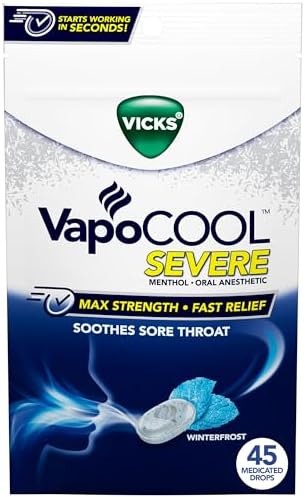 Vicks VapoCool Severe Medicated Sore Throat Drops (Капли), Max Strength Menthol, Soothes Sore Throat Pain, Winterfrost Flavor, 45ct Vicks