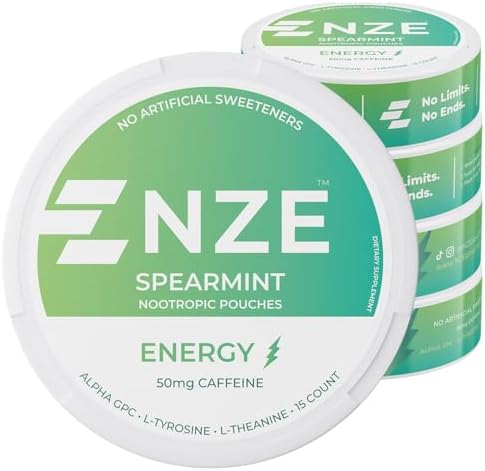 NZE Caffeine Nootropic Pouches (Peppermint) - Nootropic Energy Pouches with 50mg Caffeine, Alpha GPC, L-Tyrosine & L-Theanine with No Sugar or Artificial Sweeteners - 15 Nicotine Free Pouches Per Can NZE